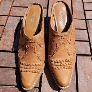 Coldwater Creek Bronco Tan Leather Western Mule Slides Size 6